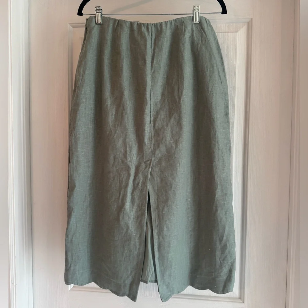 New w/o Tags Abercrombie & Fitch Premium Linen Scallop-Hem Midi Skirt MP Sage - Picture 3 of 5